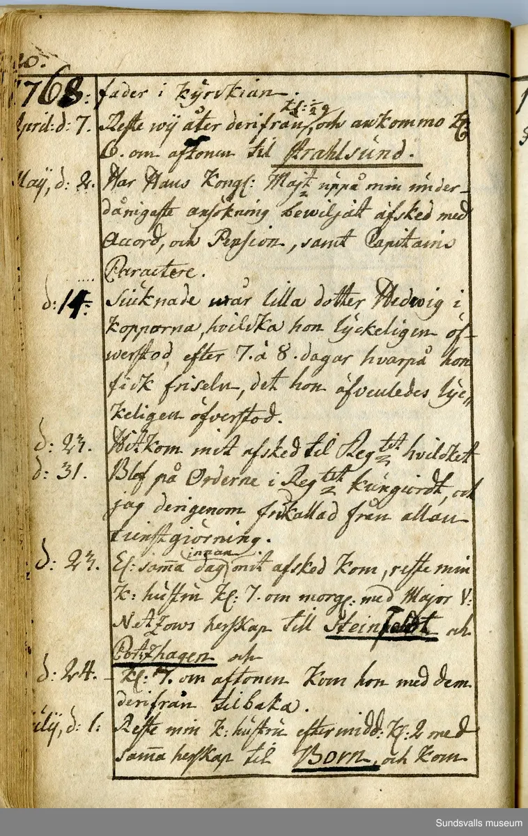 Dagbok. Anders Modée (1732-1800)

Anders Modée föddes i Stockholm. Han gjorde militär karriär och avslutade som kapten 1768. 
Anders Modée bosatte sig i Sundsvall där han arbetade som bränneriinspektor och förvaltare. Han avled i Tuna (Y).
Anteckningarna är bland annat från hans tjänstgöring i det pommerska kriget (1758–1760). I slutet av boken finns anteckningar från 1834–1840, av okänd hand.

Se länkad fil för komplett dagbok
