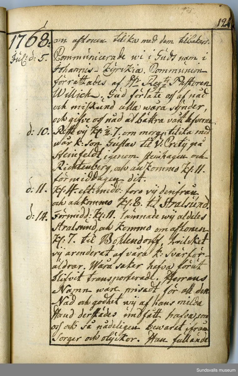 Dagbok. Anders Modée (1732-1800)

Anders Modée föddes i Stockholm. Han gjorde militär karriär och avslutade som kapten 1768. 
Anders Modée bosatte sig i Sundsvall där han arbetade som bränneriinspektor och förvaltare. Han avled i Tuna (Y).
Anteckningarna är bland annat från hans tjänstgöring i det pommerska kriget (1758–1760). I slutet av boken finns anteckningar från 1834–1840, av okänd hand.

Se länkad fil för komplett dagbok