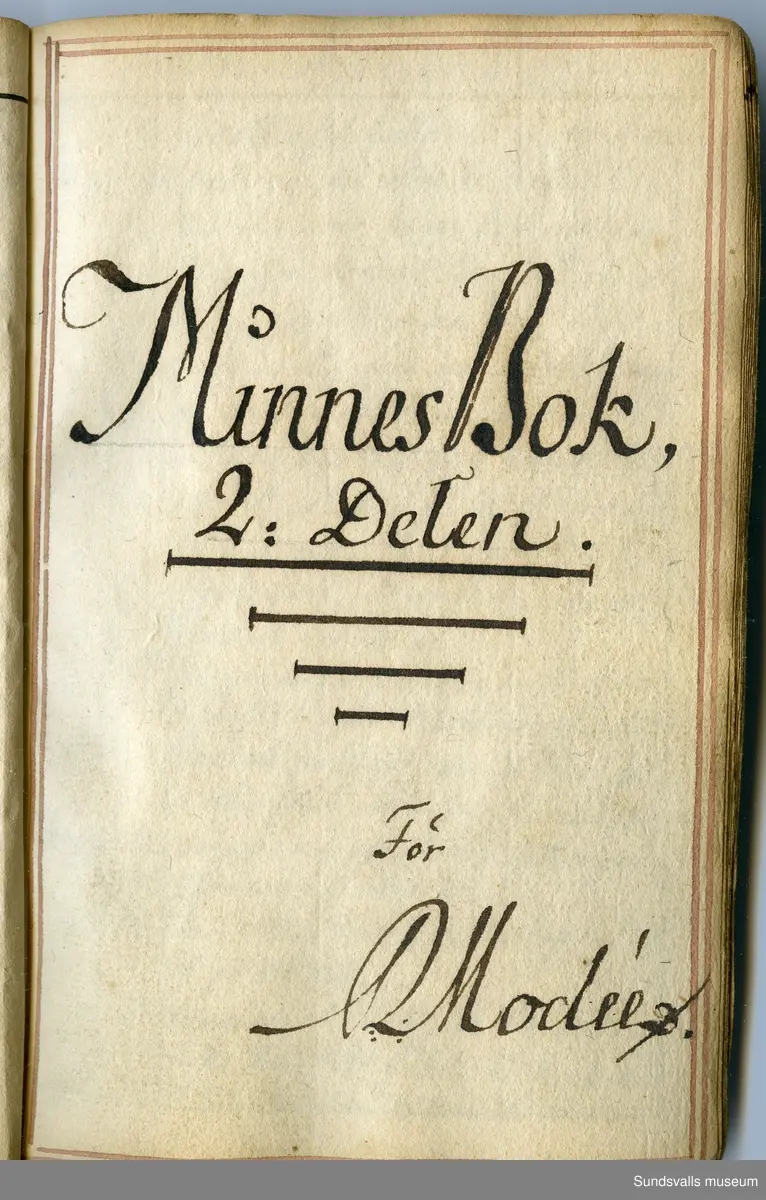 Dagbok. Anders Modée (1732-1800)

Anders Modée föddes i Stockholm. Han gjorde militär karriär och avslutade som kapten 1768. 
Anders Modée bosatte sig i Sundsvall där han arbetade som bränneriinspektor och förvaltare. Han avled i Tuna (Y).
Anteckningarna är bland annat från hans tjänstgöring i det pommerska kriget (1758–1760). I slutet av boken finns anteckningar från 1834–1840, av okänd hand.

Se länkad fil för komplett dagbok