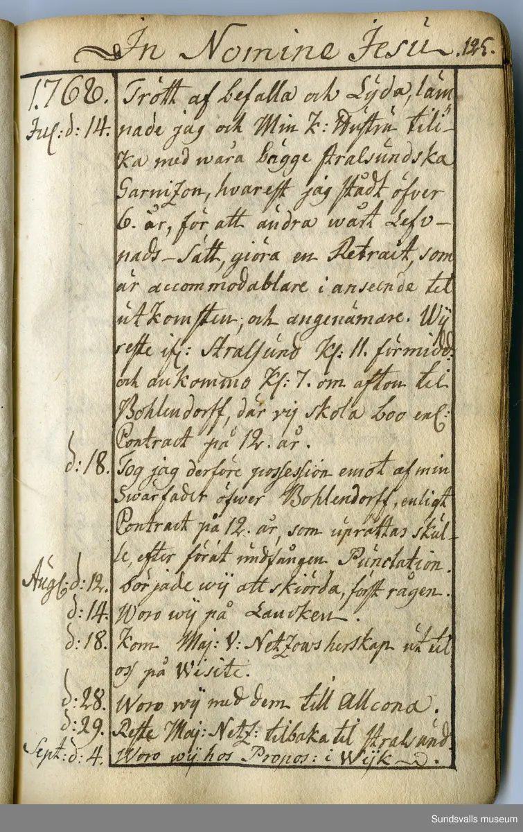 Dagbok. Anders Modée (1732-1800)

Anders Modée föddes i Stockholm. Han gjorde militär karriär och avslutade som kapten 1768. 
Anders Modée bosatte sig i Sundsvall där han arbetade som bränneriinspektor och förvaltare. Han avled i Tuna (Y).
Anteckningarna är bland annat från hans tjänstgöring i det pommerska kriget (1758–1760). I slutet av boken finns anteckningar från 1834–1840, av okänd hand.

Se länkad fil för komplett dagbok