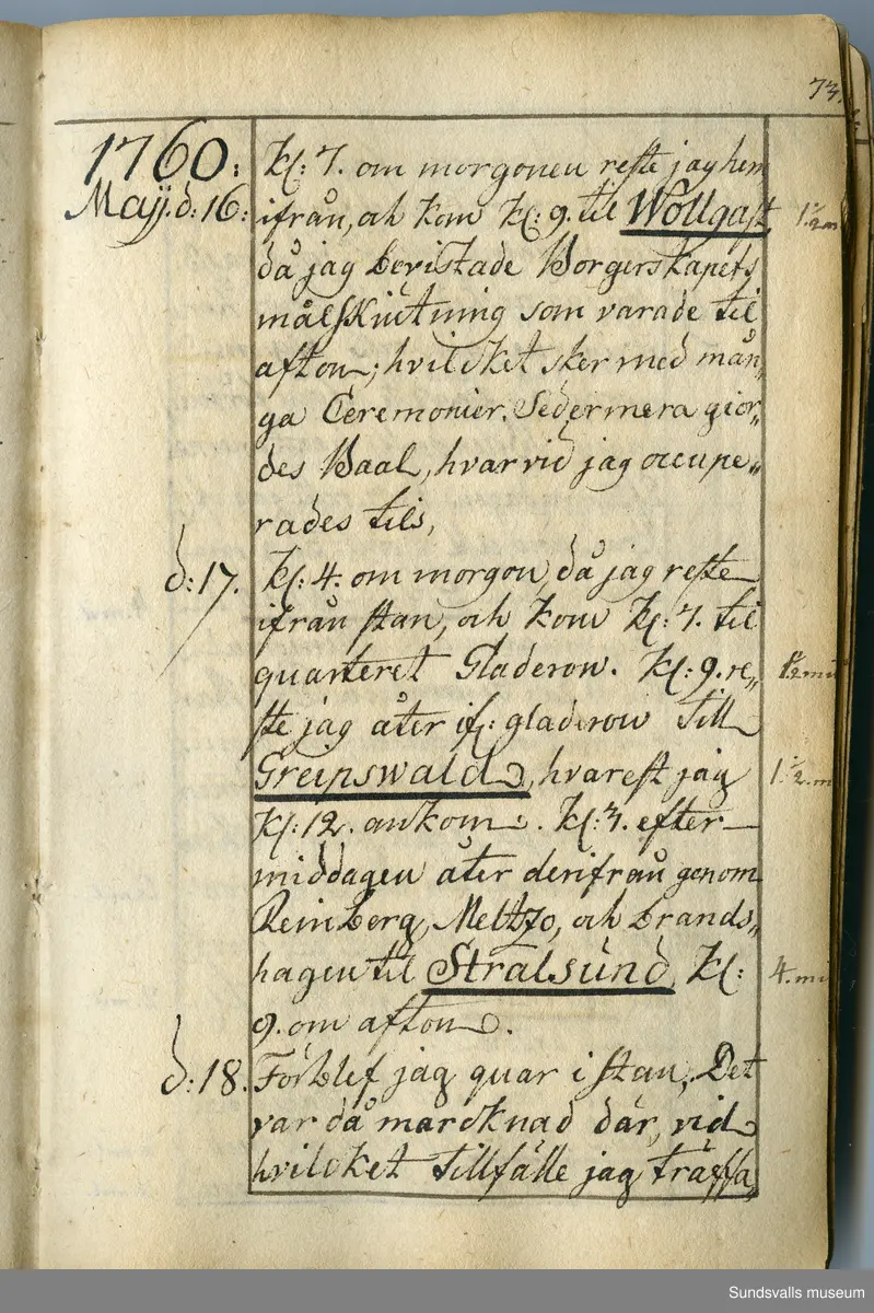 Dagbok. Anders Modée (1732-1800)

Anders Modée föddes i Stockholm. Han gjorde militär karriär och avslutade som kapten 1768. 
Anders Modée bosatte sig i Sundsvall där han arbetade som bränneriinspektor och förvaltare. Han avled i Tuna (Y).
Anteckningarna är bland annat från hans tjänstgöring i det pommerska kriget (1758–1760). I slutet av boken finns anteckningar från 1834–1840, av okänd hand.

Se länkad fil för komplett dagbok