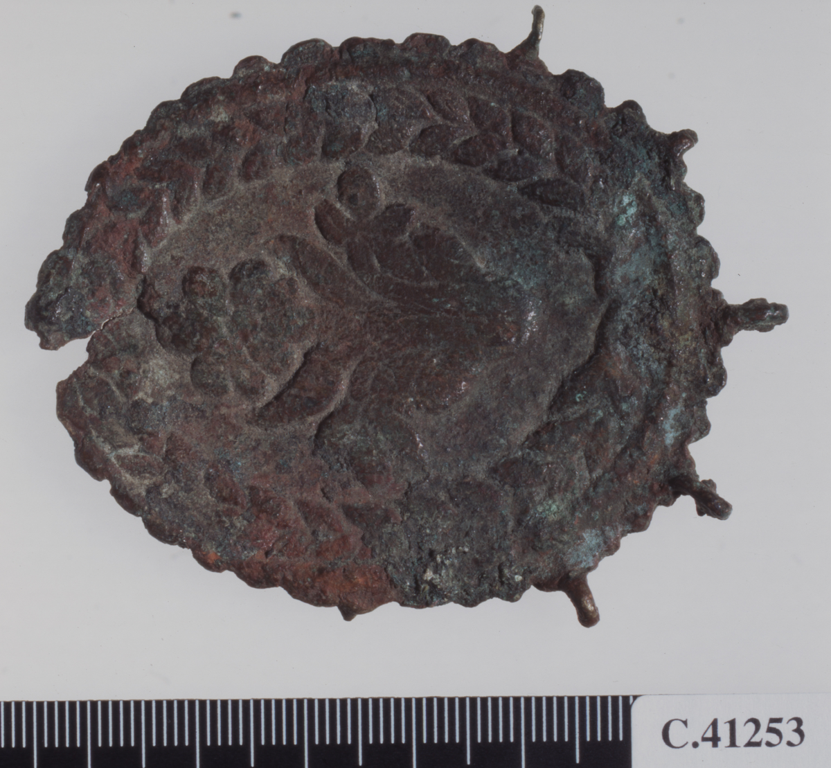 Oval plaque (pectoral?) with small rings around the edge (for attaching wires). Few of the rings are preserved. Decorated with a flower in the middle, surrounded by a wreath. Corroded surface.