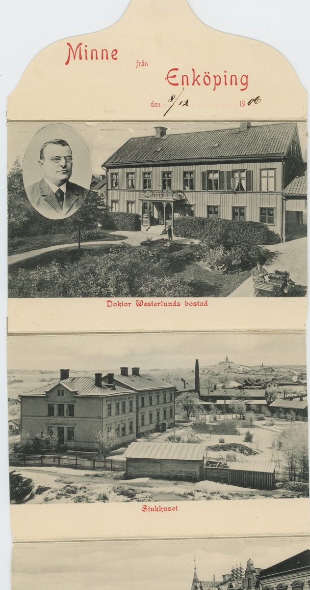 En samling av fem stycken foton från Enköping som sitter fast i en lång remsa. Längst upp står "Minne från Enköping" med röd text. Under den texten har personen som skickat korten skrivit datumet den 8/12-1906. De fem fotona som följer har motiv av:
1. Doktor Westerlunds bostad
2. Sjukhuset
3. Parti af Torget
4. Parti af Kyrkbacken
5. Hamnen