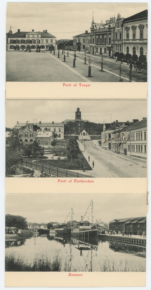 En samling av fem stycken foton från Enköping som sitter fast i en lång remsa. Längst upp står "Minne från Enköping" med röd text. Under den texten har personen som skickat korten skrivit datumet den 8/12-1906. De fem fotona som följer har motiv av:
1. Doktor Westerlunds bostad
2. Sjukhuset
3. Parti af Torget
4. Parti af Kyrkbacken
5. Hamnen