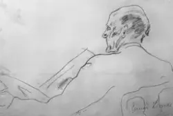 Repro: Billedhugger og maler Rolf Lundes tegning av kjøpmann