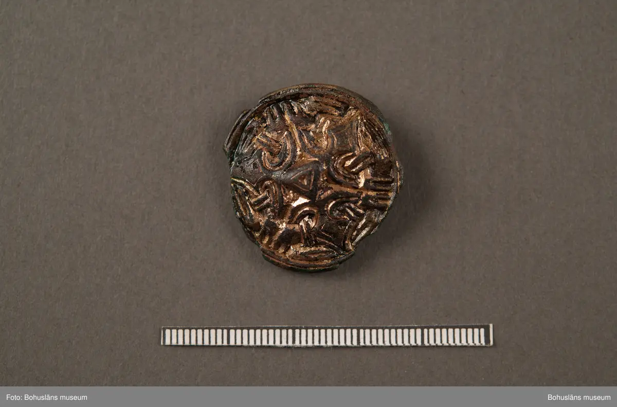 Spänne av brons, runt, med gjuten ornamentik, diameter ca 29 mm. Föremålet är något skadat. Förgyllningen har en rödare ton, vilket tyder på att det är en guldlegering med rätt högt kopparinnehåll. Nålen på baksidan saknas.

Spännet är av en typ som brukar dateras till yngre järnålder, vikingatid. Det hittades år 1878 på gården Trättestad i Kville socken och skänktes till museet år 1879 av soldaten P. A Sörqvist från Söbbskinn i Kville.

Enligt äldre kataloguppgifter i museets arkiv hittades spännet tillsammans med en täljstensgryta (UM002768) och en "gnidsten" (förmodligen avses en slip- eller glättsten).
I fornlämningsregistret för Bohuslän, Kville socken, står att läsa i ett tillägg om fornlämning RAÄ 276 på fastigheten Trättestad: År 1878 erhöll Uddevalla museum från en av högarna härstädes: en täljstensgryta med järngrepe, ett litet runt spänne av brons och en "gnidsten". Enligt uppgift av en åbo i Trättestad hittades i samma hög två "sländtrissor".

Antagligen kommer föremålen från en numera förstörd gravhög inom det gravfält (Kville 276) som idag består av åtta synliga gravar. Kombinationen av föremålen i gravfyndet skvallrar om att det kan ha varit en kvinna som varit begravd i högen. De två sländtrissorna och "gnidstenen" finns idag inte i museets samlingar. Troligen har de aldrig lämnats in.

Ur handskrivna katalogen 1957-1958:
Del av bronshalsprydnad
Diam. 2,9. Bronsspänne m. gjuten ornamentik. Skadat. Trellestad, Kville Bohusl. 1878  4

Lappkatalog: 1:27

Efter okulär besiktning i mikroskåp konstaterades att spännet var förgyllt med rödaktig guld (hög kopparhalt). 2008-11-07/IL

Landskap BOHUSLÄN
