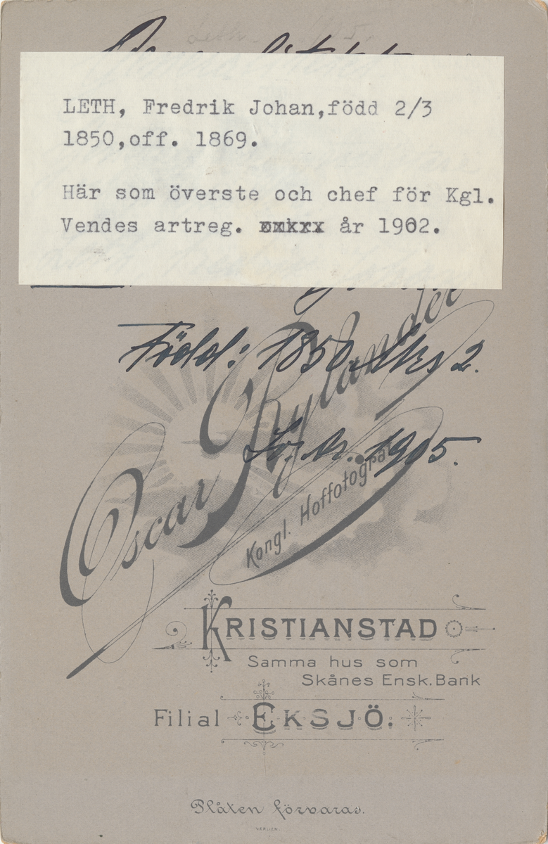 Porträtt av Fredrik Leth, överste och chef för Wendes artilleriregemente.