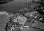 Flygfoto över Klosterskolan, Avesta 1958. Bruksklubben till vänster i bild längs Dalälven. Villor ritade av Ralph Erskin till höger.