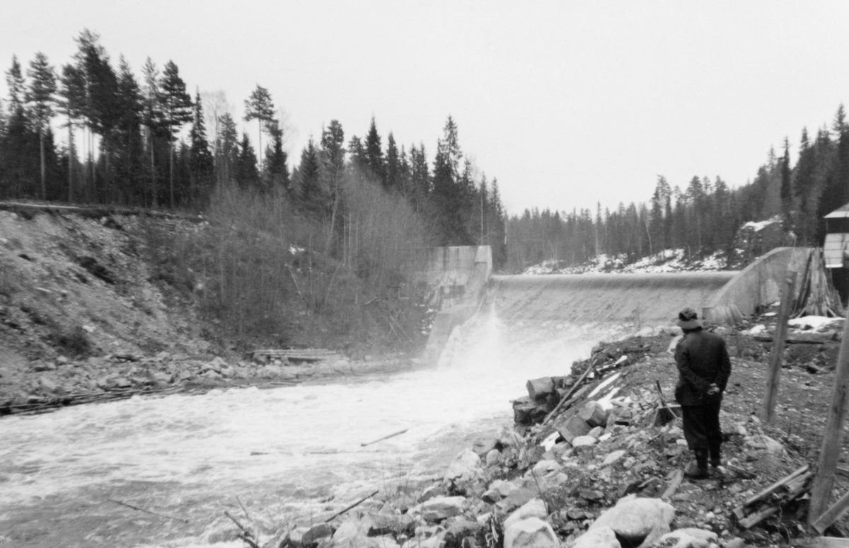 Den såkalte Nydammen i elva Søndre Osa i Åmot kommune i Hedmark, fotografert i motstrøms retning fra søndre elvebredd våren 1938. Denne dammen ble bygd etter at en av fangdammene til kraftverksdammen ovenfor Osfallet kraftstasjon brast under en storflom våren 1916. Konsekvensen ble at Søndre Osa fant seg et nytt løp, og det opprinnelige løpet ble tørrlagt. Dette skapte krise ved hjørnesteinsbedriften Rena træmasse og kartongfabrikk, som var avhengige av energien fra Osfallet. Det hastet med å få satt kraftverket i gang igjen. I løpet av vinterhalvåret 1916-17 ble det derfor bygd en ny dam - Nydammen - noen hundre meter ovenfor den opprinnelige. Herfra gikk det ei renne med turbinvann til det nedenforliggende kraftverket.