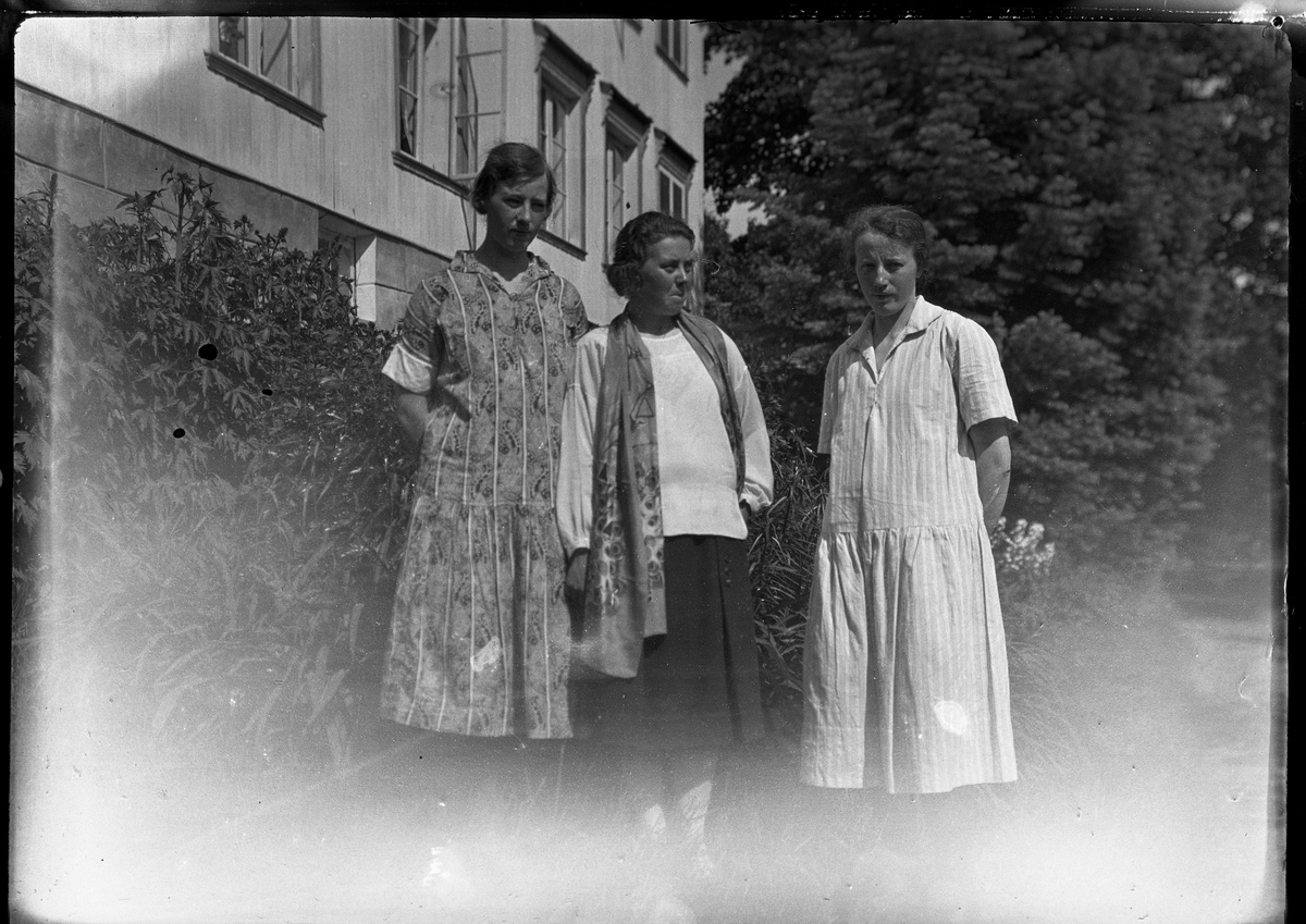 Fotosamling etter Bendik Ketilson Taraldlien (1863-1951) Fyresdal. Gårdbruker, fotograf og skogbruksmann. Fotosamlingen etter fotograf Taraldlien dokumenterer områdene Fyresdal og omegn. 
Portrett av 3 kvinner i hagen på Taraldlien.