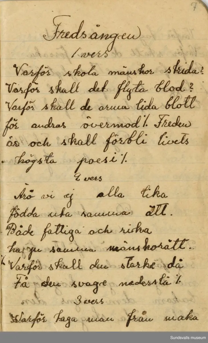 Dagbok. Anna Johansson (1903-1974)

Anna Johansson föddes på en bondgård i Byn, Torp. Anna arbetade som hushållerska, först hos sina föräldrar och senare hos syskon. Hon tillhörde Torp-Stöde missionsförsamling. 
Anteckningarna, skrivna mellan 1919-1920, handlar bland annat om biobesök, samvaro med vänner och arbete hemma på gården. Flera visor är också nedtecknade i boken.

För komplett dagbok se länkade filer