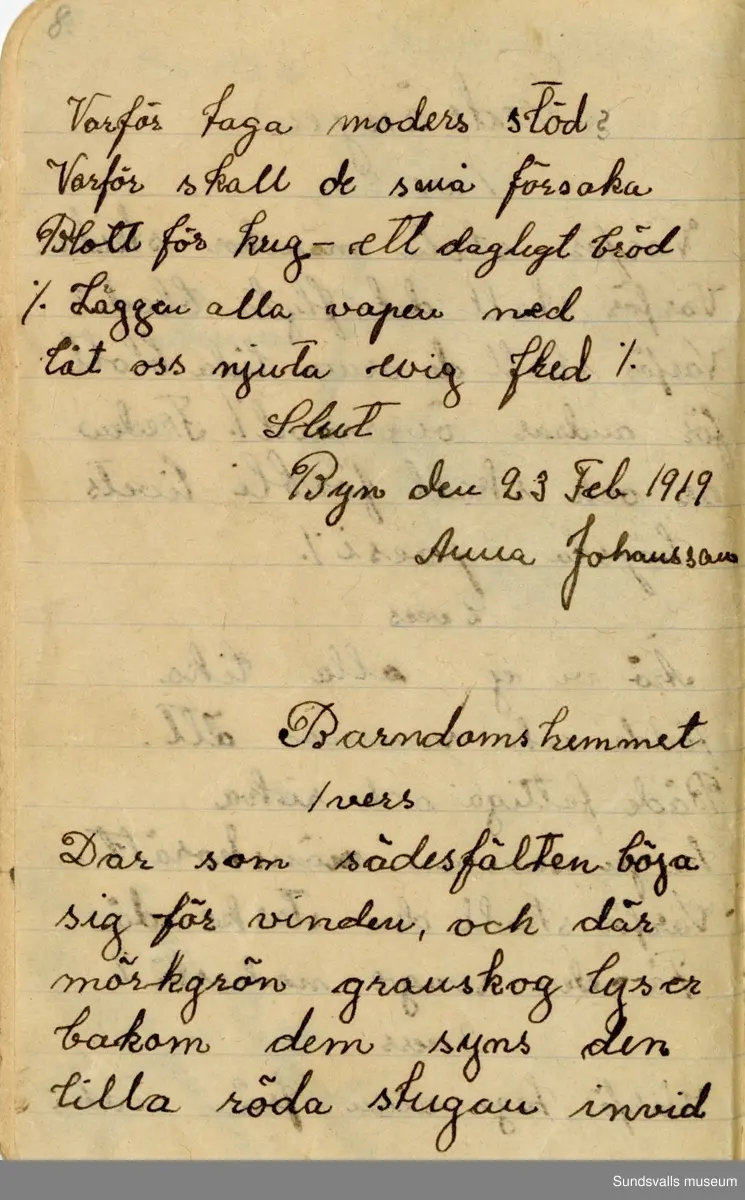 Dagbok skriven mellan åren 1919 och1920. 
Dagboken är skriven under Annas ungdomsår och handlar bland annat om biobesök, samvaro med vänner och arbete hemma på gården. Flera visor är också nedtecknade i boken.

Anna Johansson föddes på en bondgård i Byn, Torp. 
Hon arbetade som hushållerska, först hos sina föräldrar och senare hos syskon. Hon tillhörde Torp-Stöde missionsförsamlin