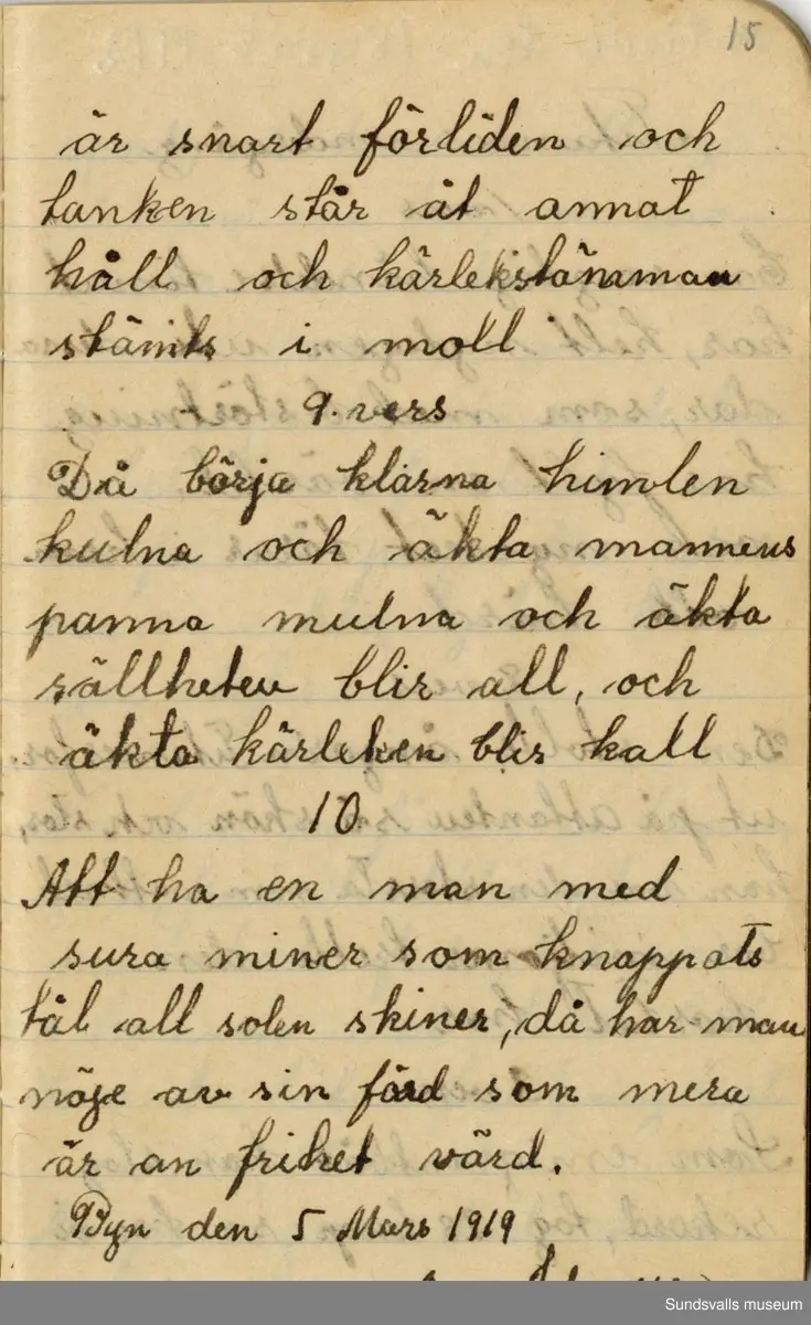 Dagbok. Anna Johansson (1903-1974)

Anna Johansson föddes på en bondgård i Byn, Torp. Anna arbetade som hushållerska, först hos sina föräldrar och senare hos syskon. Hon tillhörde Torp-Stöde missionsförsamling. 
Anteckningarna, skrivna mellan 1919-1920, handlar bland annat om biobesök, samvaro med vänner och arbete hemma på gården. Flera visor är också nedtecknade i boken.

För komplett dagbok se länkade filer
