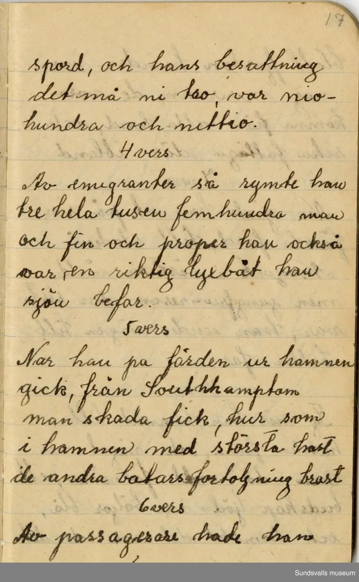 Dagbok. Anna Johansson (1903-1974)

Anna Johansson föddes på en bondgård i Byn, Torp. Anna arbetade som hushållerska, först hos sina föräldrar och senare hos syskon. Hon tillhörde Torp-Stöde missionsförsamling. 
Anteckningarna, skrivna mellan 1919-1920, handlar bland annat om biobesök, samvaro med vänner och arbete hemma på gården. Flera visor är också nedtecknade i boken.

För komplett dagbok se länkade filer