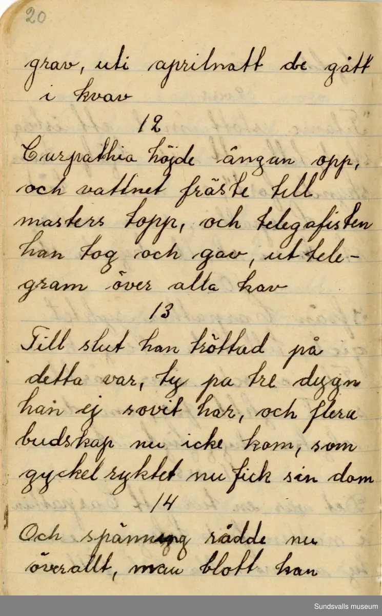 Dagbok. Anna Johansson (1903-1974)

Anna Johansson föddes på en bondgård i Byn, Torp. Anna arbetade som hushållerska, först hos sina föräldrar och senare hos syskon. Hon tillhörde Torp-Stöde missionsförsamling. 
Anteckningarna, skrivna mellan 1919-1920, handlar bland annat om biobesök, samvaro med vänner och arbete hemma på gården. Flera visor är också nedtecknade i boken.

För komplett dagbok se länkade filer