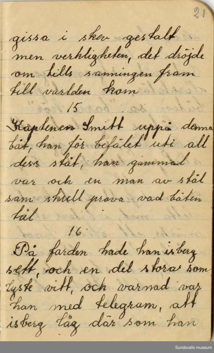 Dagbok skriven mellan åren 1919 och1920. 
Dagboken är skriven under Annas ungdomsår och handlar bland annat om biobesök, samvaro med vänner och arbete hemma på gården. Flera visor är också nedtecknade i boken.

Anna Johansson föddes på en bondgård i Byn, Torp. 
Hon arbetade som hushållerska, först hos sina föräldrar och senare hos syskon. Hon tillhörde Torp-Stöde missionsförsamlin