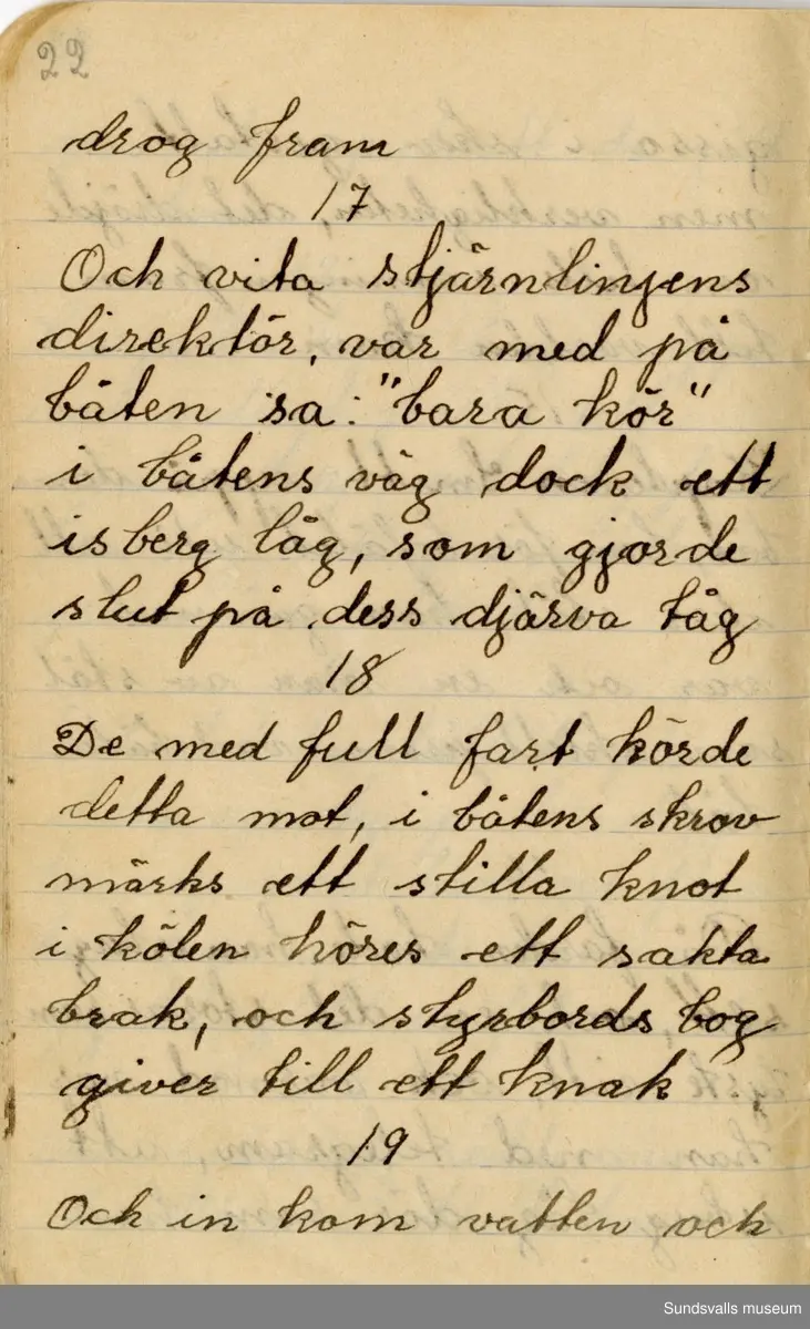 Dagbok. Anna Johansson (1903-1974)

Anna Johansson föddes på en bondgård i Byn, Torp. Anna arbetade som hushållerska, först hos sina föräldrar och senare hos syskon. Hon tillhörde Torp-Stöde missionsförsamling. 
Anteckningarna, skrivna mellan 1919-1920, handlar bland annat om biobesök, samvaro med vänner och arbete hemma på gården. Flera visor är också nedtecknade i boken.

För komplett dagbok se länkade filer