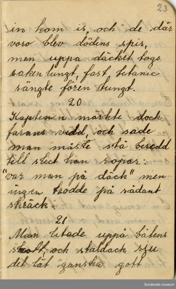Dagbok. Anna Johansson (1903-1974)

Anna Johansson föddes på en bondgård i Byn, Torp. Anna arbetade som hushållerska, först hos sina föräldrar och senare hos syskon. Hon tillhörde Torp-Stöde missionsförsamling. 
Anteckningarna, skrivna mellan 1919-1920, handlar bland annat om biobesök, samvaro med vänner och arbete hemma på gården. Flera visor är också nedtecknade i boken.

För komplett dagbok se länkade filer
