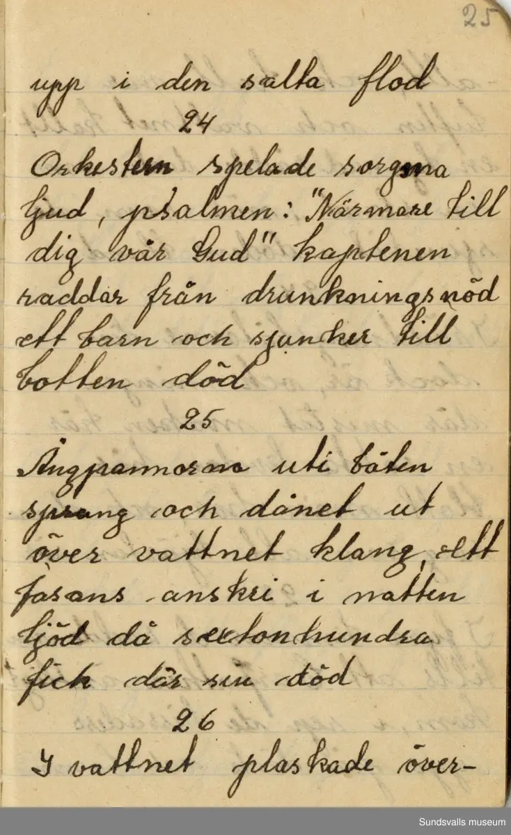 Dagbok. Anna Johansson (1903-1974)

Anna Johansson föddes på en bondgård i Byn, Torp. Anna arbetade som hushållerska, först hos sina föräldrar och senare hos syskon. Hon tillhörde Torp-Stöde missionsförsamling. 
Anteckningarna, skrivna mellan 1919-1920, handlar bland annat om biobesök, samvaro med vänner och arbete hemma på gården. Flera visor är också nedtecknade i boken.

För komplett dagbok se länkade filer
