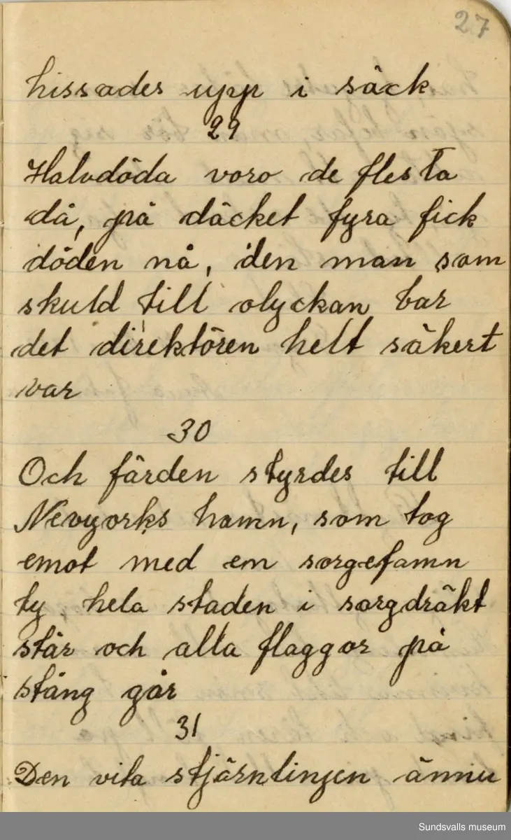 Dagbok. Anna Johansson (1903-1974)

Anna Johansson föddes på en bondgård i Byn, Torp. Anna arbetade som hushållerska, först hos sina föräldrar och senare hos syskon. Hon tillhörde Torp-Stöde missionsförsamling. 
Anteckningarna, skrivna mellan 1919-1920, handlar bland annat om biobesök, samvaro med vänner och arbete hemma på gården. Flera visor är också nedtecknade i boken.

För komplett dagbok se länkade filer