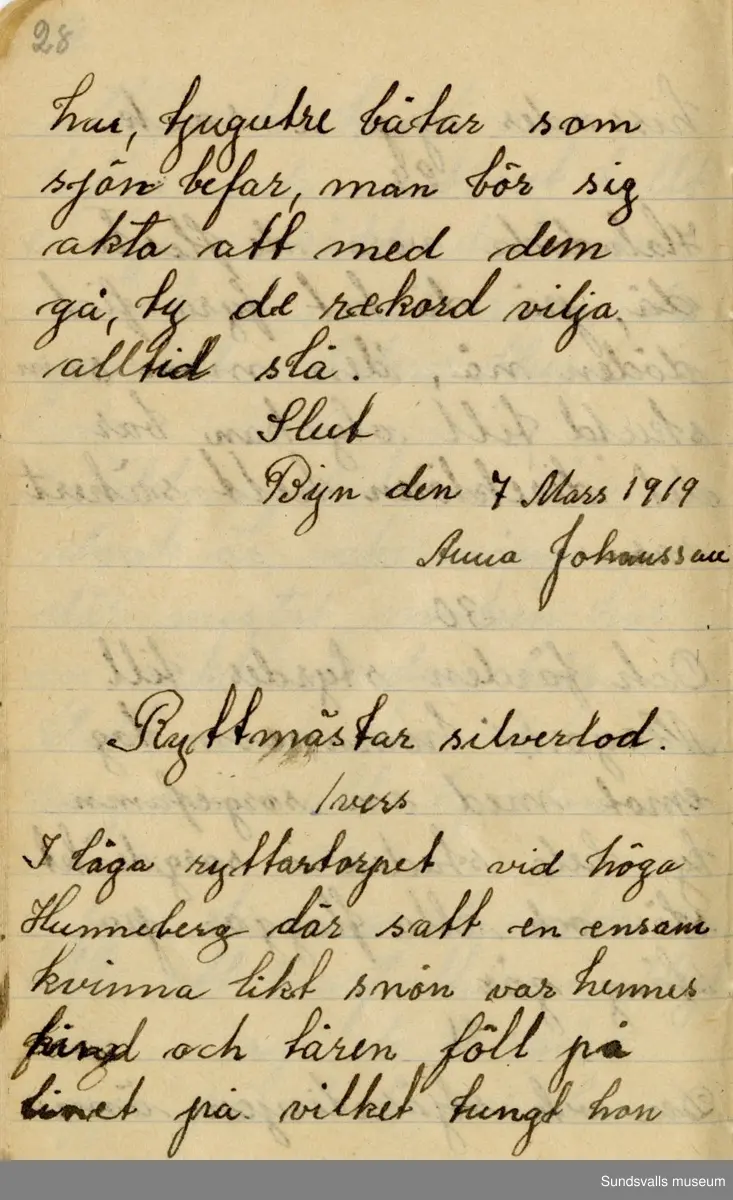 Dagbok skriven mellan åren 1919 och1920. 
Dagboken är skriven under Annas ungdomsår och handlar bland annat om biobesök, samvaro med vänner och arbete hemma på gården. Flera visor är också nedtecknade i boken.

Anna Johansson föddes på en bondgård i Byn, Torp. 
Hon arbetade som hushållerska, först hos sina föräldrar och senare hos syskon. Hon tillhörde Torp-Stöde missionsförsamlin