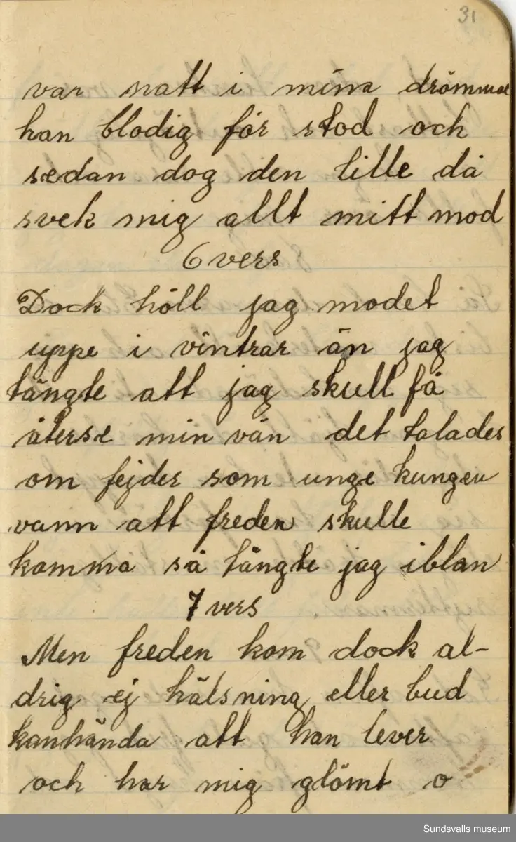 Dagbok. Anna Johansson (1903-1974)

Anna Johansson föddes på en bondgård i Byn, Torp. Anna arbetade som hushållerska, först hos sina föräldrar och senare hos syskon. Hon tillhörde Torp-Stöde missionsförsamling. 
Anteckningarna, skrivna mellan 1919-1920, handlar bland annat om biobesök, samvaro med vänner och arbete hemma på gården. Flera visor är också nedtecknade i boken.

För komplett dagbok se länkade filer