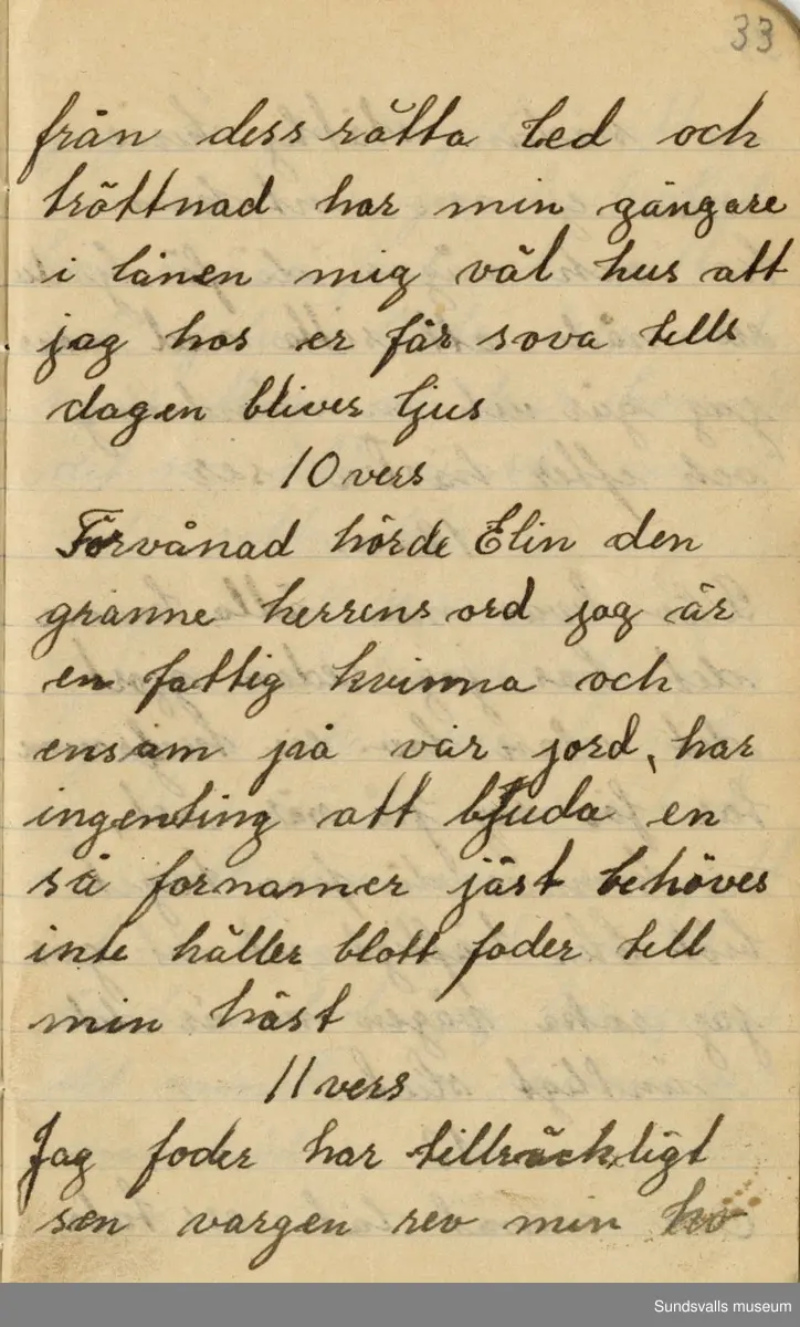 Dagbok. Anna Johansson (1903-1974)

Anna Johansson föddes på en bondgård i Byn, Torp. Anna arbetade som hushållerska, först hos sina föräldrar och senare hos syskon. Hon tillhörde Torp-Stöde missionsförsamling. 
Anteckningarna, skrivna mellan 1919-1920, handlar bland annat om biobesök, samvaro med vänner och arbete hemma på gården. Flera visor är också nedtecknade i boken.

För komplett dagbok se länkade filer