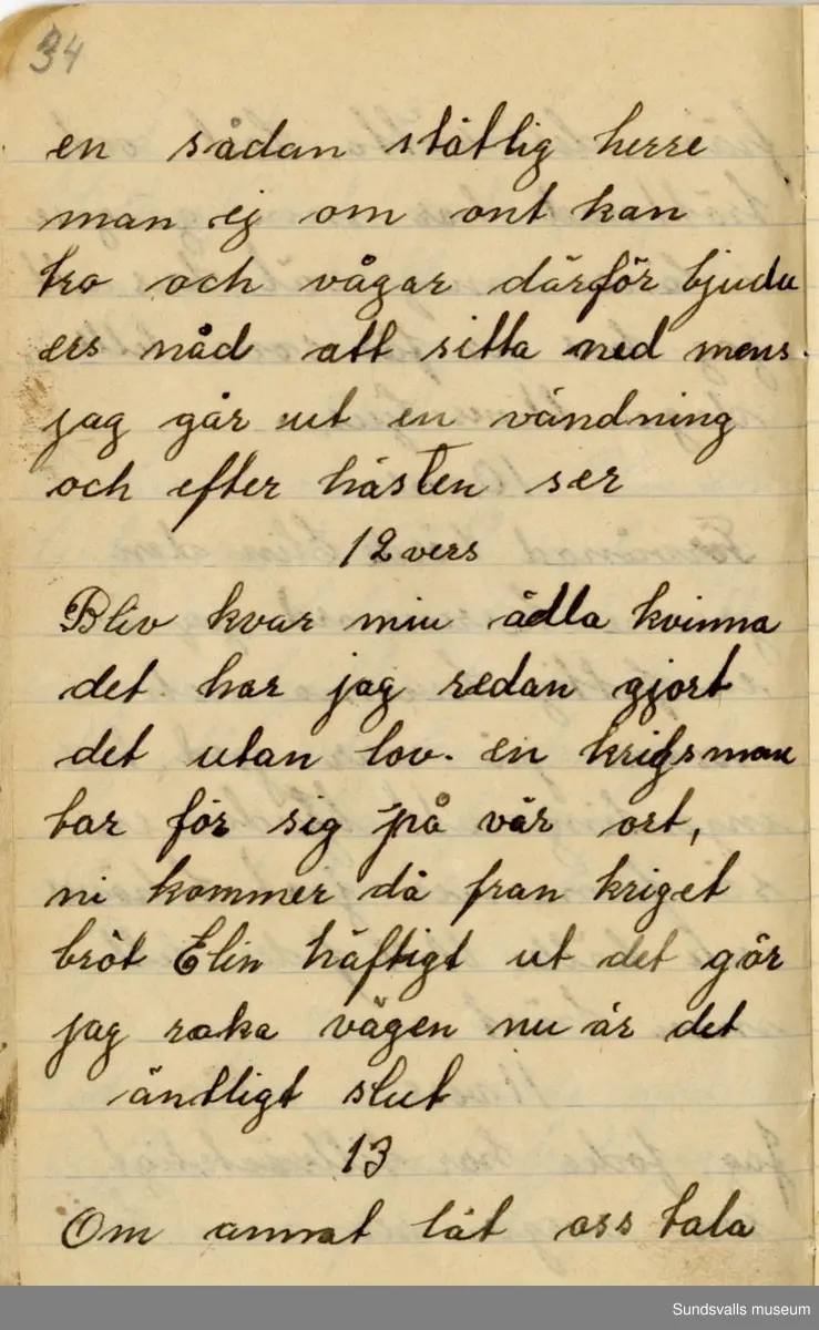 Dagbok. Anna Johansson (1903-1974)

Anna Johansson föddes på en bondgård i Byn, Torp. Anna arbetade som hushållerska, först hos sina föräldrar och senare hos syskon. Hon tillhörde Torp-Stöde missionsförsamling. 
Anteckningarna, skrivna mellan 1919-1920, handlar bland annat om biobesök, samvaro med vänner och arbete hemma på gården. Flera visor är också nedtecknade i boken.

För komplett dagbok se länkade filer