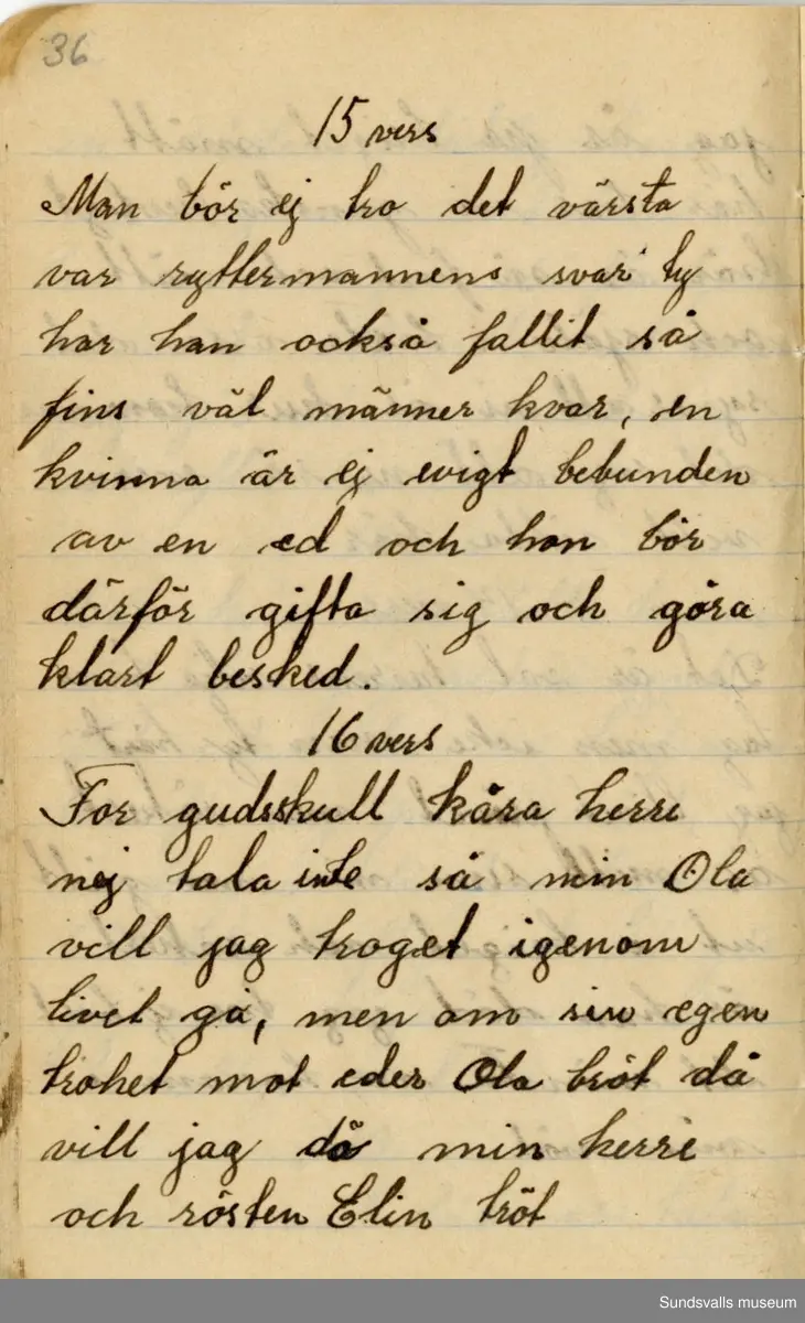 Dagbok. Anna Johansson (1903-1974)

Anna Johansson föddes på en bondgård i Byn, Torp. Anna arbetade som hushållerska, först hos sina föräldrar och senare hos syskon. Hon tillhörde Torp-Stöde missionsförsamling. 
Anteckningarna, skrivna mellan 1919-1920, handlar bland annat om biobesök, samvaro med vänner och arbete hemma på gården. Flera visor är också nedtecknade i boken.

För komplett dagbok se länkade filer
