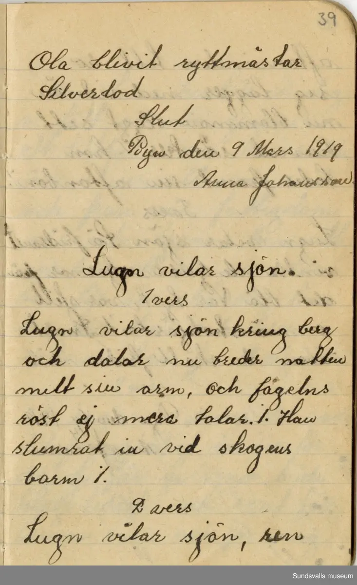 Dagbok skriven mellan åren 1919 och1920. 
Dagboken är skriven under Annas ungdomsår och handlar bland annat om biobesök, samvaro med vänner och arbete hemma på gården. Flera visor är också nedtecknade i boken.

Anna Johansson föddes på en bondgård i Byn, Torp. 
Hon arbetade som hushållerska, först hos sina föräldrar och senare hos syskon. Hon tillhörde Torp-Stöde missionsförsamlin