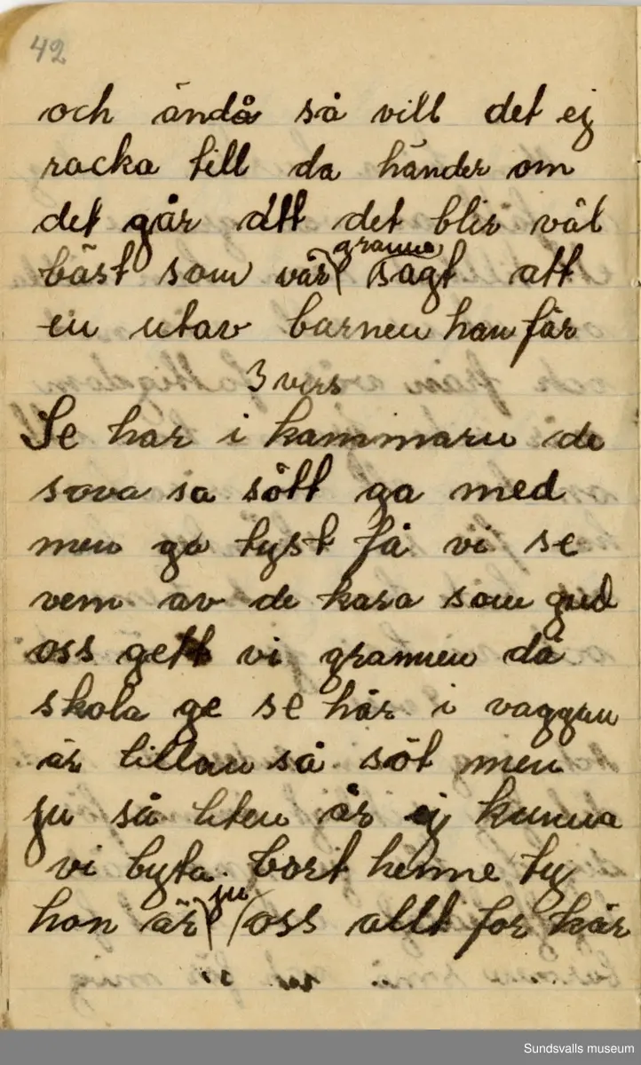 Dagbok skriven mellan åren 1919 och1920. 
Dagboken är skriven under Annas ungdomsår och handlar bland annat om biobesök, samvaro med vänner och arbete hemma på gården. Flera visor är också nedtecknade i boken.

Anna Johansson föddes på en bondgård i Byn, Torp. 
Hon arbetade som hushållerska, först hos sina föräldrar och senare hos syskon. Hon tillhörde Torp-Stöde missionsförsamlin