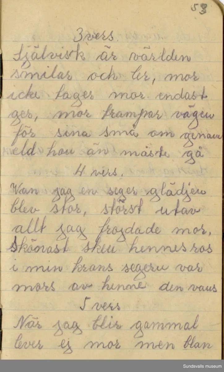 Dagbok. Anna Johansson (1903-1974)

Anna Johansson föddes på en bondgård i Byn, Torp. Anna arbetade som hushållerska, först hos sina föräldrar och senare hos syskon. Hon tillhörde Torp-Stöde missionsförsamling. 
Anteckningarna, skrivna mellan 1919-1920, handlar bland annat om biobesök, samvaro med vänner och arbete hemma på gården. Flera visor är också nedtecknade i boken.

För komplett dagbok se länkade filer