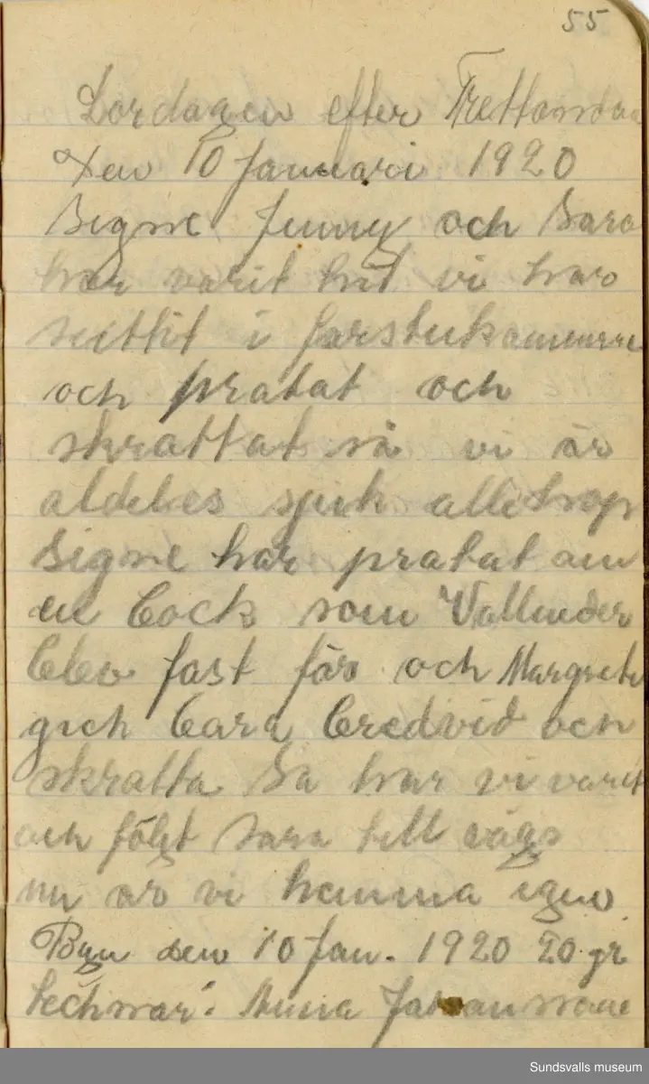 Dagbok skriven mellan åren 1919 och1920. 
Dagboken är skriven under Annas ungdomsår och handlar bland annat om biobesök, samvaro med vänner och arbete hemma på gården. Flera visor är också nedtecknade i boken.

Anna Johansson föddes på en bondgård i Byn, Torp. 
Hon arbetade som hushållerska, först hos sina föräldrar och senare hos syskon. Hon tillhörde Torp-Stöde missionsförsamlin