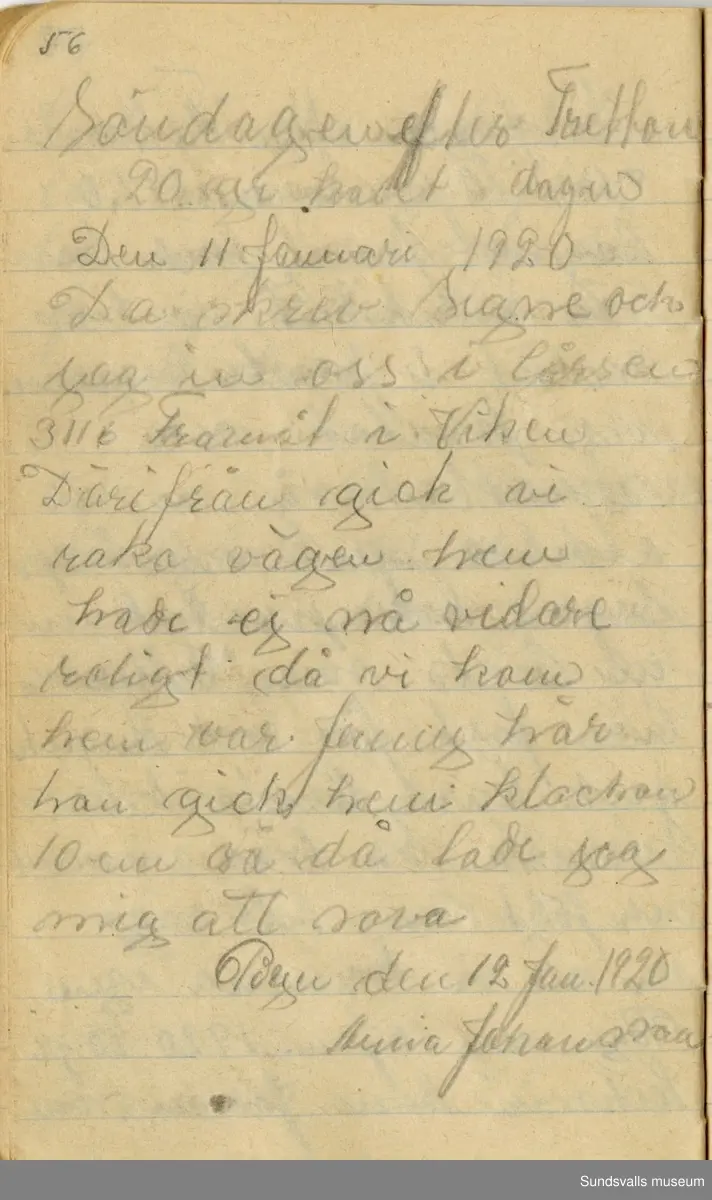 Dagbok. Anna Johansson (1903-1974)

Anna Johansson föddes på en bondgård i Byn, Torp. Anna arbetade som hushållerska, först hos sina föräldrar och senare hos syskon. Hon tillhörde Torp-Stöde missionsförsamling. 
Anteckningarna, skrivna mellan 1919-1920, handlar bland annat om biobesök, samvaro med vänner och arbete hemma på gården. Flera visor är också nedtecknade i boken.

För komplett dagbok se länkade filer