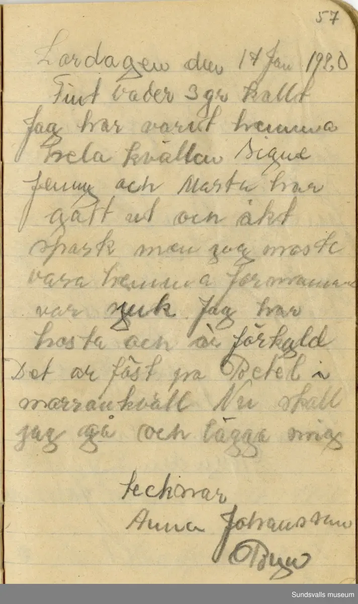 Dagbok. Anna Johansson (1903-1974)

Anna Johansson föddes på en bondgård i Byn, Torp. Anna arbetade som hushållerska, först hos sina föräldrar och senare hos syskon. Hon tillhörde Torp-Stöde missionsförsamling. 
Anteckningarna, skrivna mellan 1919-1920, handlar bland annat om biobesök, samvaro med vänner och arbete hemma på gården. Flera visor är också nedtecknade i boken.

För komplett dagbok se länkade filer