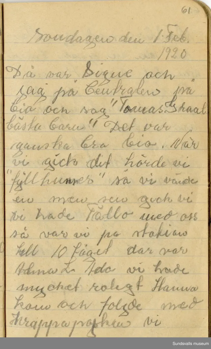 Dagbok. Anna Johansson (1903-1974)

Anna Johansson föddes på en bondgård i Byn, Torp. Anna arbetade som hushållerska, först hos sina föräldrar och senare hos syskon. Hon tillhörde Torp-Stöde missionsförsamling. 
Anteckningarna, skrivna mellan 1919-1920, handlar bland annat om biobesök, samvaro med vänner och arbete hemma på gården. Flera visor är också nedtecknade i boken.

För komplett dagbok se länkade filer