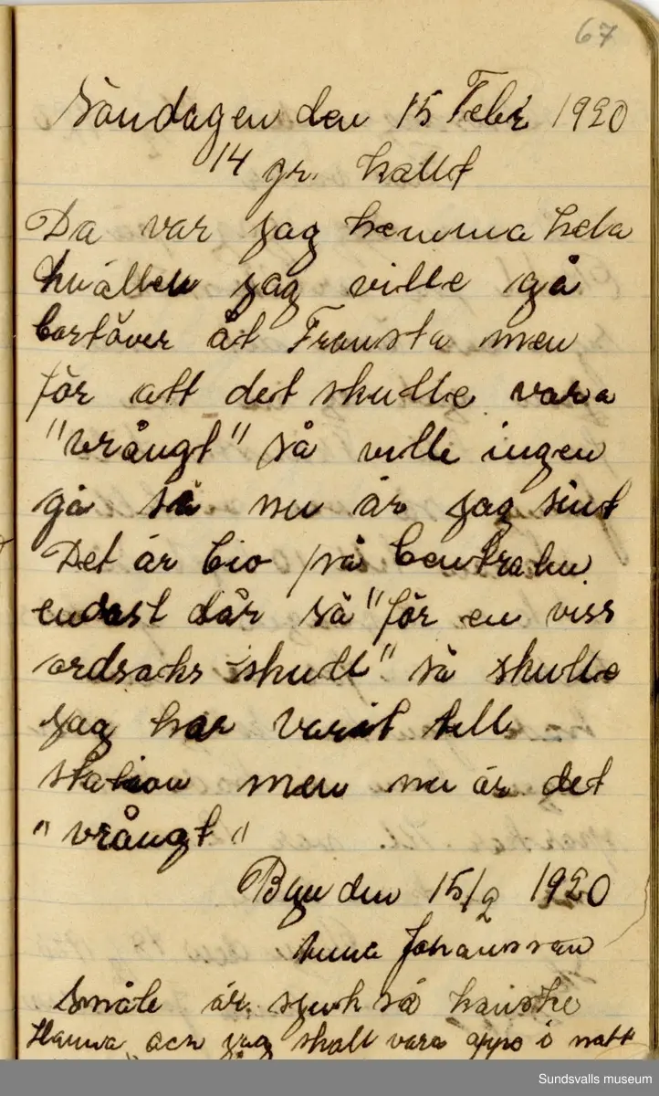 Dagbok skriven mellan åren 1919 och1920. 
Dagboken är skriven under Annas ungdomsår och handlar bland annat om biobesök, samvaro med vänner och arbete hemma på gården. Flera visor är också nedtecknade i boken.

Anna Johansson föddes på en bondgård i Byn, Torp. 
Hon arbetade som hushållerska, först hos sina föräldrar och senare hos syskon. Hon tillhörde Torp-Stöde missionsförsamlin