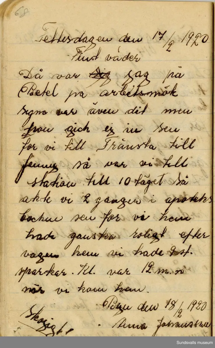 Dagbok skriven mellan åren 1919 och1920. 
Dagboken är skriven under Annas ungdomsår och handlar bland annat om biobesök, samvaro med vänner och arbete hemma på gården. Flera visor är också nedtecknade i boken.

Anna Johansson föddes på en bondgård i Byn, Torp. 
Hon arbetade som hushållerska, först hos sina föräldrar och senare hos syskon. Hon tillhörde Torp-Stöde missionsförsamlin