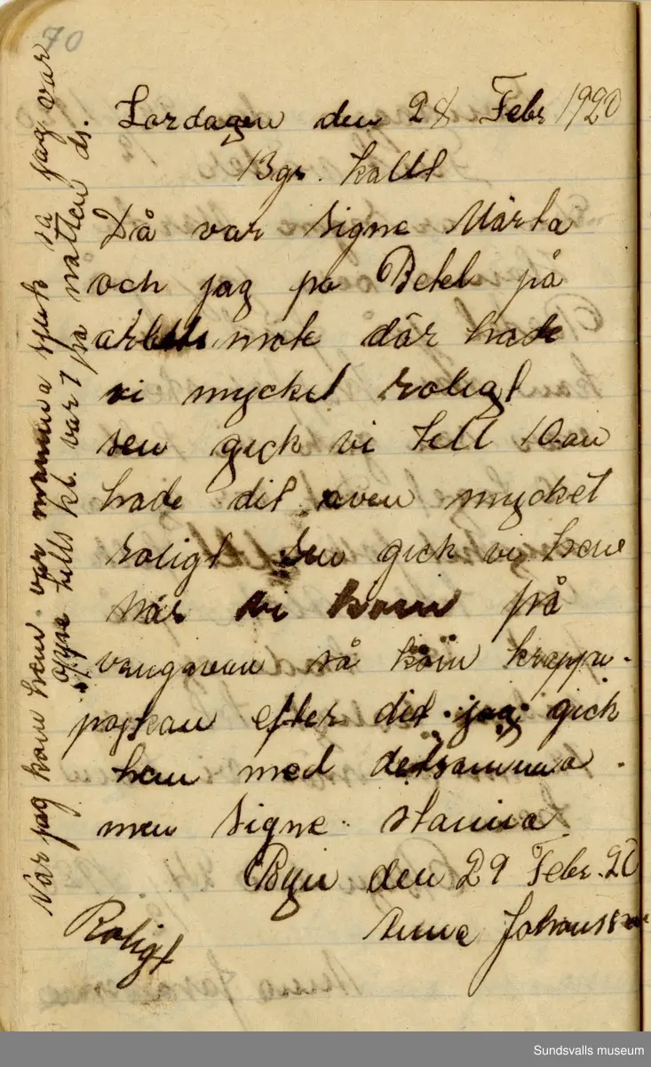 Dagbok skriven mellan åren 1919 och1920. 
Dagboken är skriven under Annas ungdomsår och handlar bland annat om biobesök, samvaro med vänner och arbete hemma på gården. Flera visor är också nedtecknade i boken.

Anna Johansson föddes på en bondgård i Byn, Torp. 
Hon arbetade som hushållerska, först hos sina föräldrar och senare hos syskon. Hon tillhörde Torp-Stöde missionsförsamlin