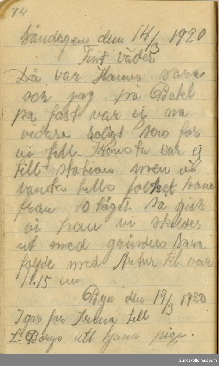 Dagbok. Anna Johansson (1903-1974)

Anna Johansson föddes på en bondgård i Byn, Torp. Anna arbetade som hushållerska, först hos sina föräldrar och senare hos syskon. Hon tillhörde Torp-Stöde missionsförsamling. 
Anteckningarna, skrivna mellan 1919-1920, handlar bland annat om biobesök, samvaro med vänner och arbete hemma på gården. Flera visor är också nedtecknade i boken.

För komplett dagbok se länkade filer