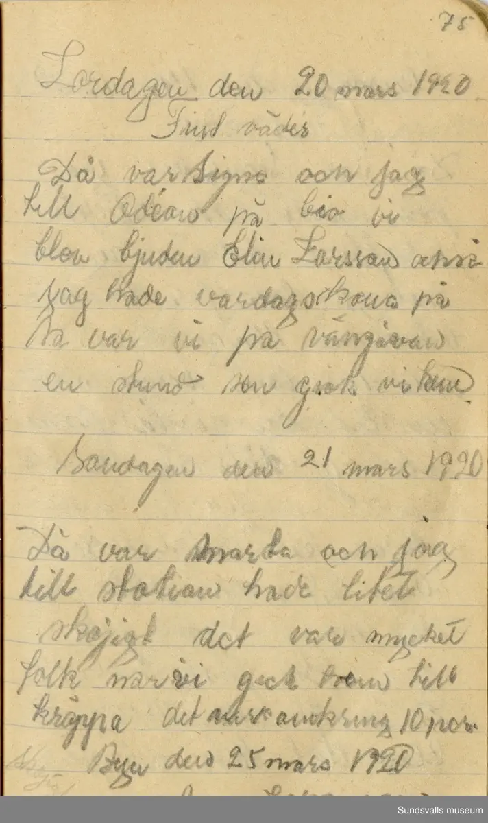 Dagbok. Anna Johansson (1903-1974)

Anna Johansson föddes på en bondgård i Byn, Torp. Anna arbetade som hushållerska, först hos sina föräldrar och senare hos syskon. Hon tillhörde Torp-Stöde missionsförsamling. 
Anteckningarna, skrivna mellan 1919-1920, handlar bland annat om biobesök, samvaro med vänner och arbete hemma på gården. Flera visor är också nedtecknade i boken.

För komplett dagbok se länkade filer