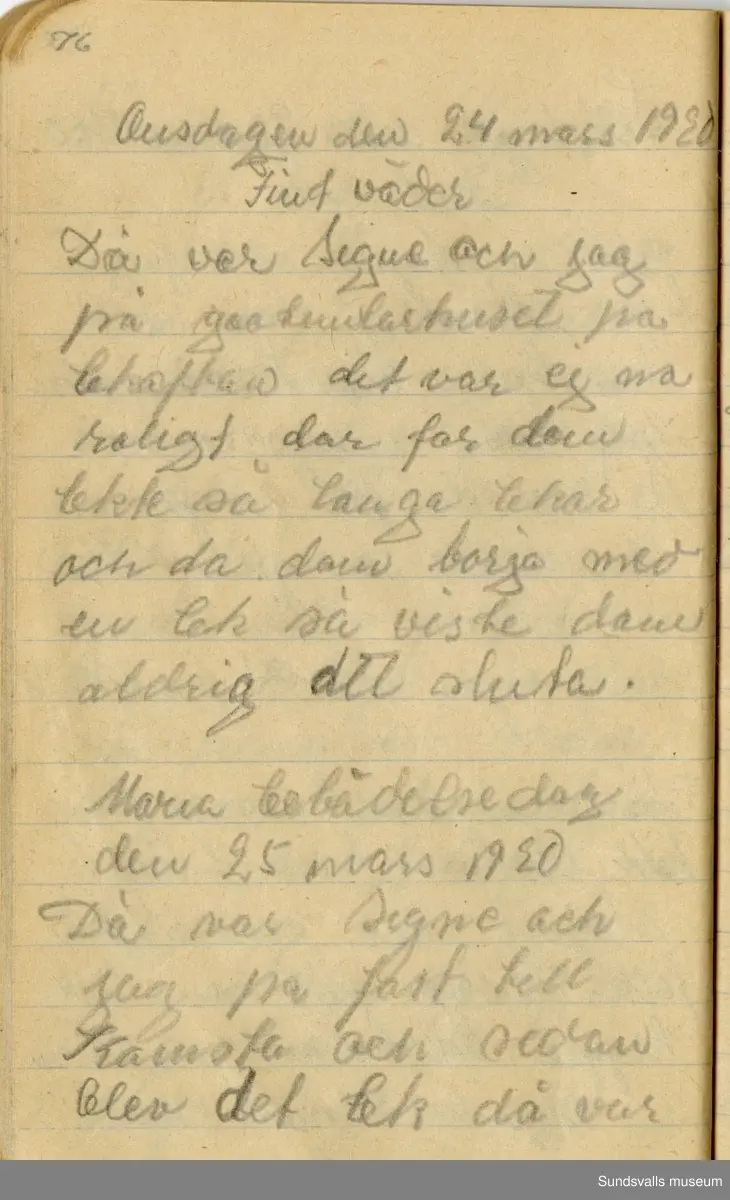Dagbok. Anna Johansson (1903-1974)

Anna Johansson föddes på en bondgård i Byn, Torp. Anna arbetade som hushållerska, först hos sina föräldrar och senare hos syskon. Hon tillhörde Torp-Stöde missionsförsamling. 
Anteckningarna, skrivna mellan 1919-1920, handlar bland annat om biobesök, samvaro med vänner och arbete hemma på gården. Flera visor är också nedtecknade i boken.

För komplett dagbok se länkade filer