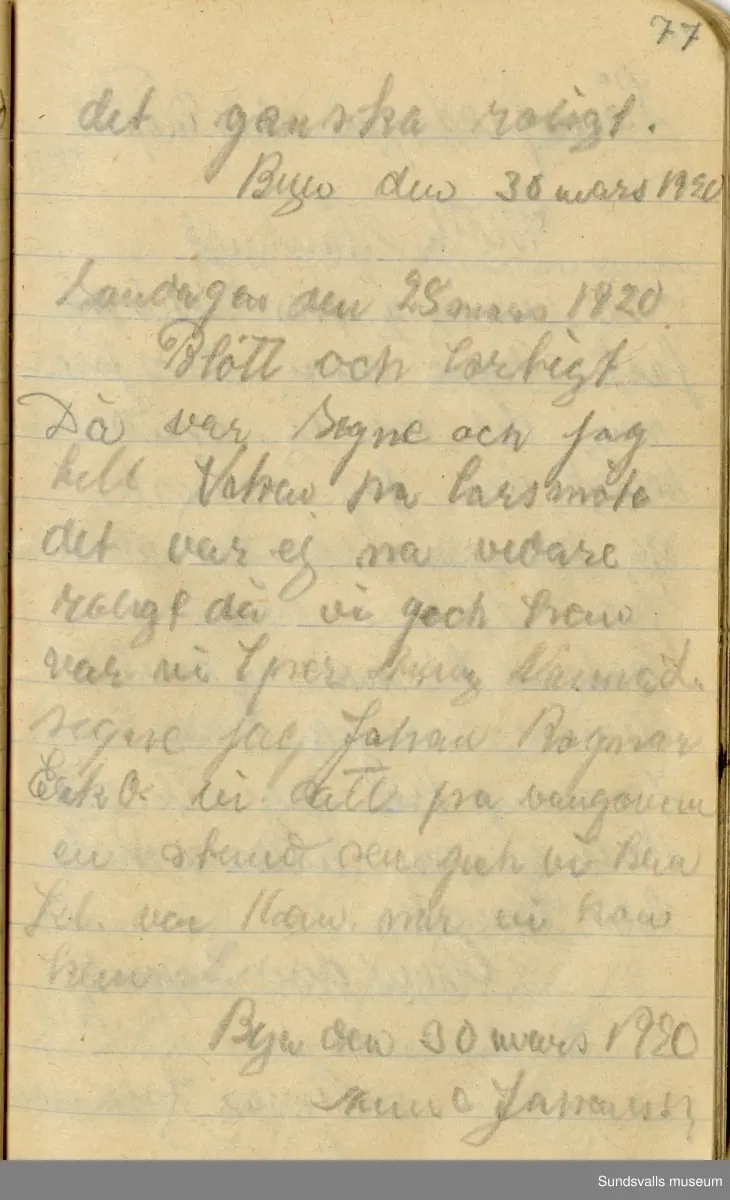 Dagbok. Anna Johansson (1903-1974)

Anna Johansson föddes på en bondgård i Byn, Torp. Anna arbetade som hushållerska, först hos sina föräldrar och senare hos syskon. Hon tillhörde Torp-Stöde missionsförsamling. 
Anteckningarna, skrivna mellan 1919-1920, handlar bland annat om biobesök, samvaro med vänner och arbete hemma på gården. Flera visor är också nedtecknade i boken.

För komplett dagbok se länkade filer
