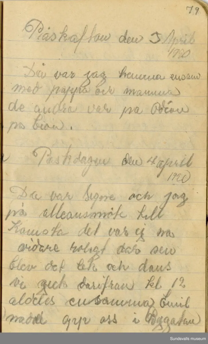 Dagbok. Anna Johansson (1903-1974)

Anna Johansson föddes på en bondgård i Byn, Torp. Anna arbetade som hushållerska, först hos sina föräldrar och senare hos syskon. Hon tillhörde Torp-Stöde missionsförsamling. 
Anteckningarna, skrivna mellan 1919-1920, handlar bland annat om biobesök, samvaro med vänner och arbete hemma på gården. Flera visor är också nedtecknade i boken.

För komplett dagbok se länkade filer