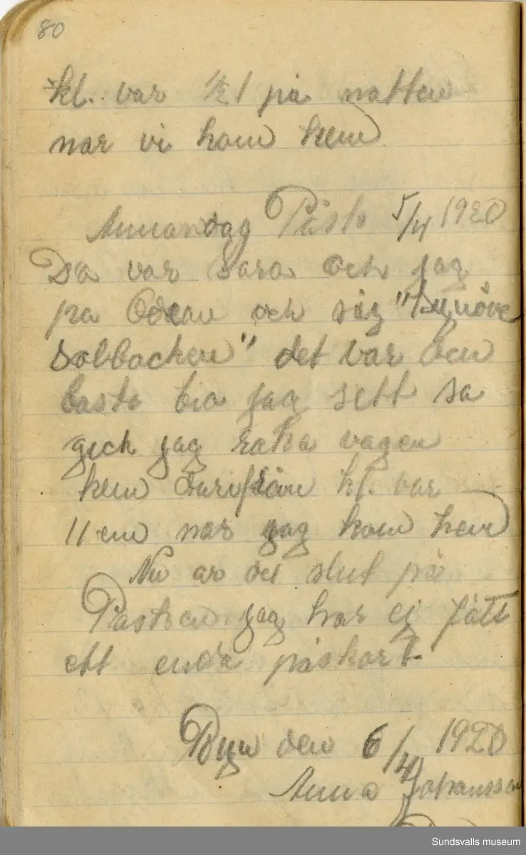 Dagbok skriven mellan åren 1919 och1920. 
Dagboken är skriven under Annas ungdomsår och handlar bland annat om biobesök, samvaro med vänner och arbete hemma på gården. Flera visor är också nedtecknade i boken.

Anna Johansson föddes på en bondgård i Byn, Torp. 
Hon arbetade som hushållerska, först hos sina föräldrar och senare hos syskon. Hon tillhörde Torp-Stöde missionsförsamlin