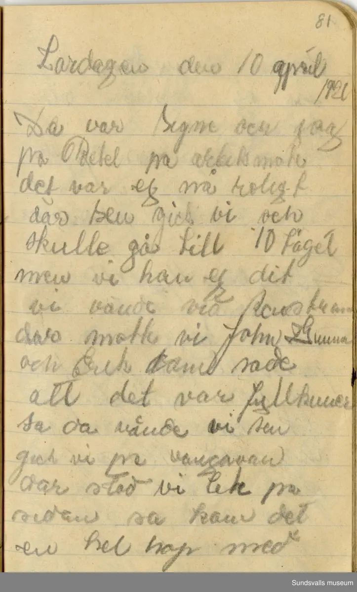 Dagbok. Anna Johansson (1903-1974)

Anna Johansson föddes på en bondgård i Byn, Torp. Anna arbetade som hushållerska, först hos sina föräldrar och senare hos syskon. Hon tillhörde Torp-Stöde missionsförsamling. 
Anteckningarna, skrivna mellan 1919-1920, handlar bland annat om biobesök, samvaro med vänner och arbete hemma på gården. Flera visor är också nedtecknade i boken.

För komplett dagbok se länkade filer