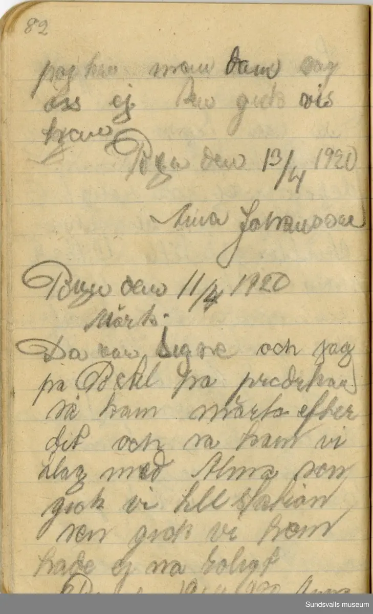 Dagbok. Anna Johansson (1903-1974)

Anna Johansson föddes på en bondgård i Byn, Torp. Anna arbetade som hushållerska, först hos sina föräldrar och senare hos syskon. Hon tillhörde Torp-Stöde missionsförsamling. 
Anteckningarna, skrivna mellan 1919-1920, handlar bland annat om biobesök, samvaro med vänner och arbete hemma på gården. Flera visor är också nedtecknade i boken.

För komplett dagbok se länkade filer
