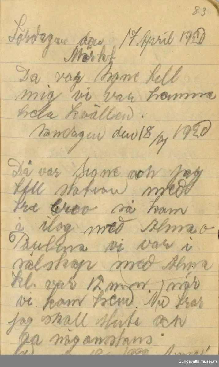 Dagbok skriven mellan åren 1919 och1920. 
Dagboken är skriven under Annas ungdomsår och handlar bland annat om biobesök, samvaro med vänner och arbete hemma på gården. Flera visor är också nedtecknade i boken.

Anna Johansson föddes på en bondgård i Byn, Torp. 
Hon arbetade som hushållerska, först hos sina föräldrar och senare hos syskon. Hon tillhörde Torp-Stöde missionsförsamlin