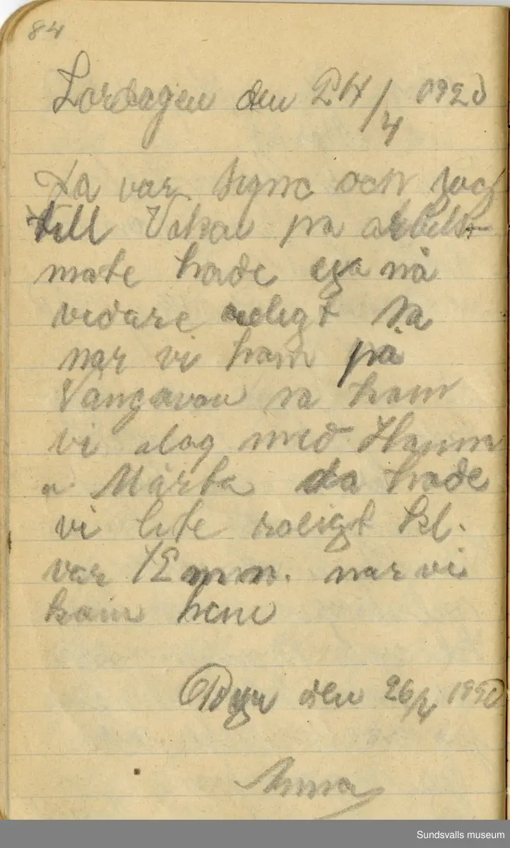 Dagbok. Anna Johansson (1903-1974)

Anna Johansson föddes på en bondgård i Byn, Torp. Anna arbetade som hushållerska, först hos sina föräldrar och senare hos syskon. Hon tillhörde Torp-Stöde missionsförsamling. 
Anteckningarna, skrivna mellan 1919-1920, handlar bland annat om biobesök, samvaro med vänner och arbete hemma på gården. Flera visor är också nedtecknade i boken.

För komplett dagbok se länkade filer
