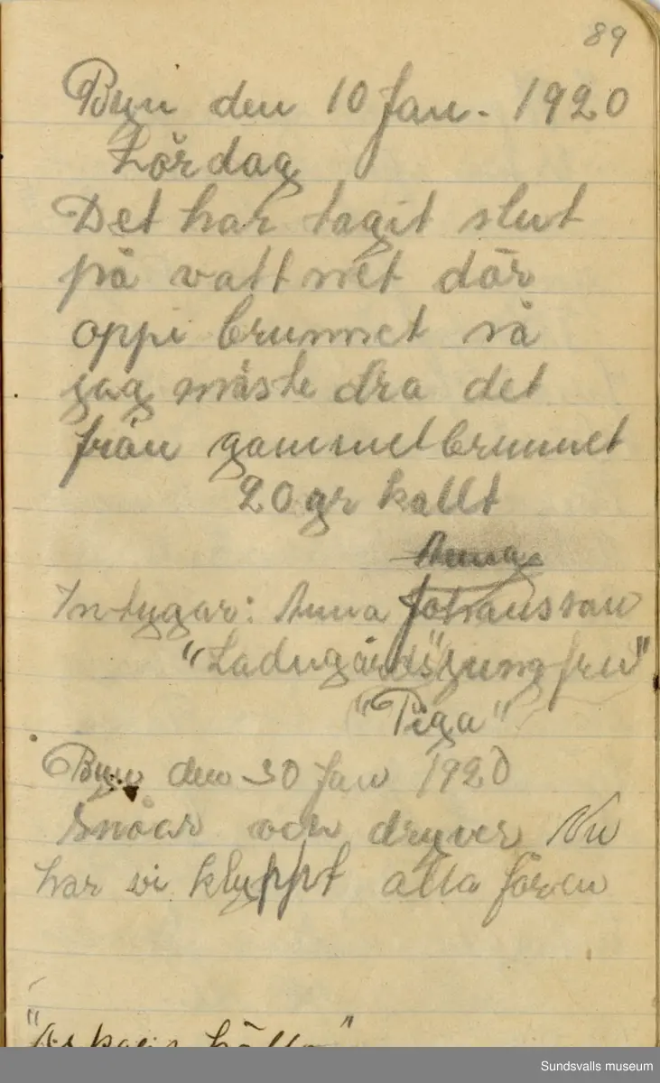 Dagbok skriven mellan åren 1919 och1920. 
Dagboken är skriven under Annas ungdomsår och handlar bland annat om biobesök, samvaro med vänner och arbete hemma på gården. Flera visor är också nedtecknade i boken.

Anna Johansson föddes på en bondgård i Byn, Torp. 
Hon arbetade som hushållerska, först hos sina föräldrar och senare hos syskon. Hon tillhörde Torp-Stöde missionsförsamlin